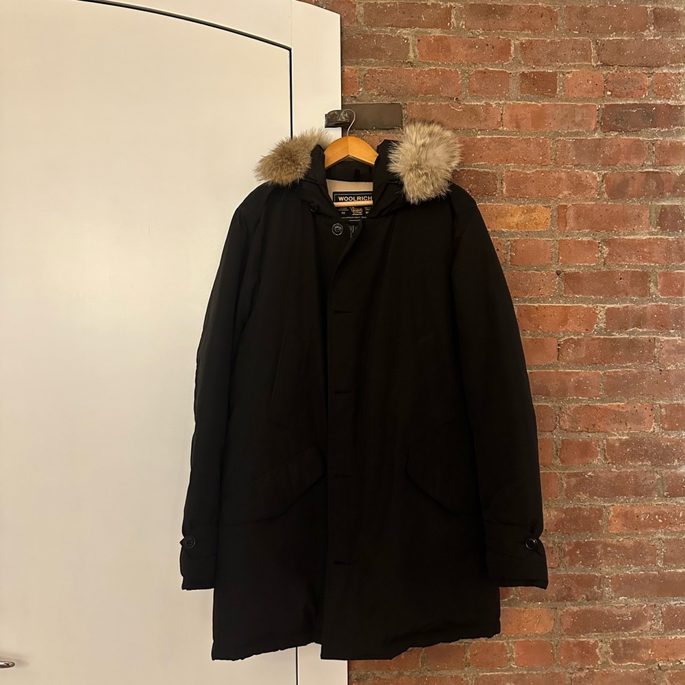 Woolrich Black Puffer Coat with Fur Trim